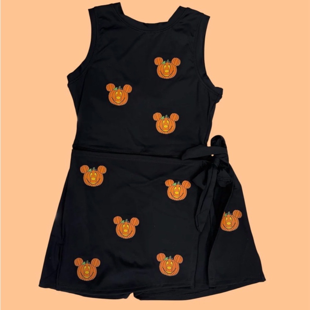 Black Sleeveless Dress/Romper with Pumpkin Print by Mapatx. 
Firm On The Price
